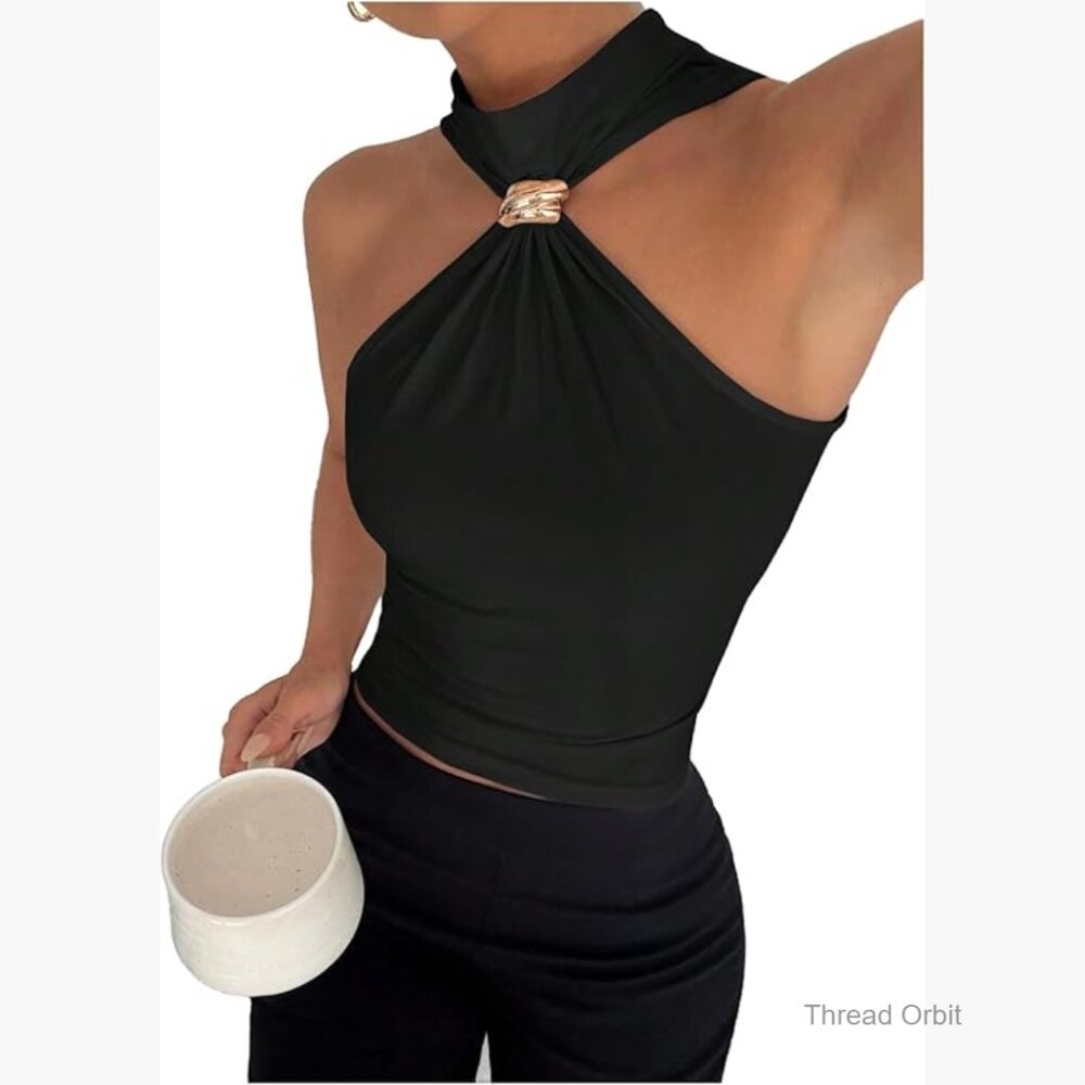 Metal Halter Mock Neck Ruched Tank Top Sleeveless Slim Fit Going Out